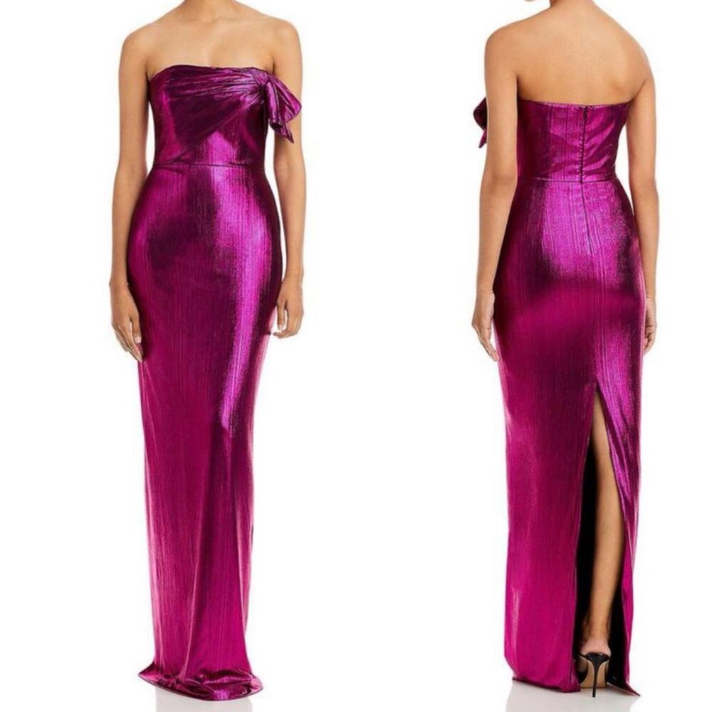 Black Halo Eve Divina Metallic Magenta Glow Pink Maxi Dress 8 Strapless Slit